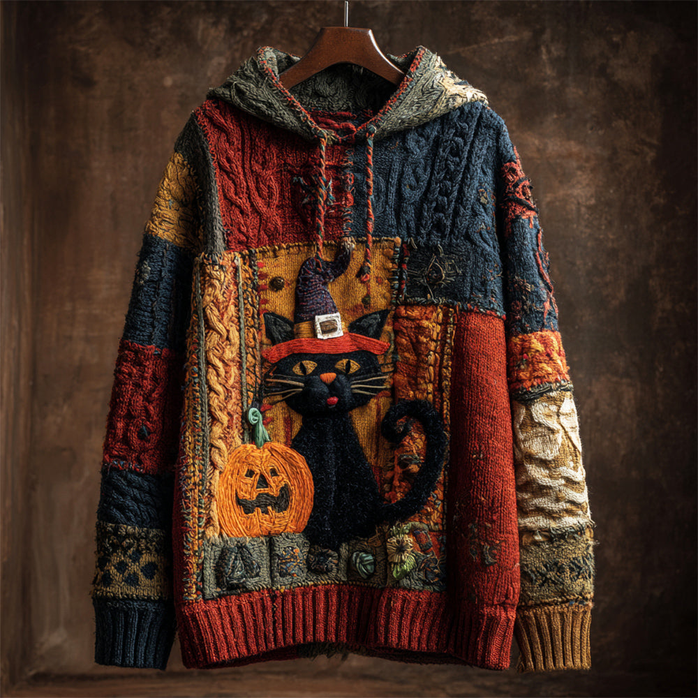 Halloween Black Cat With Hat & Pumpkin Patchwork Art Women's Knit Hooded Sweater elevenforest