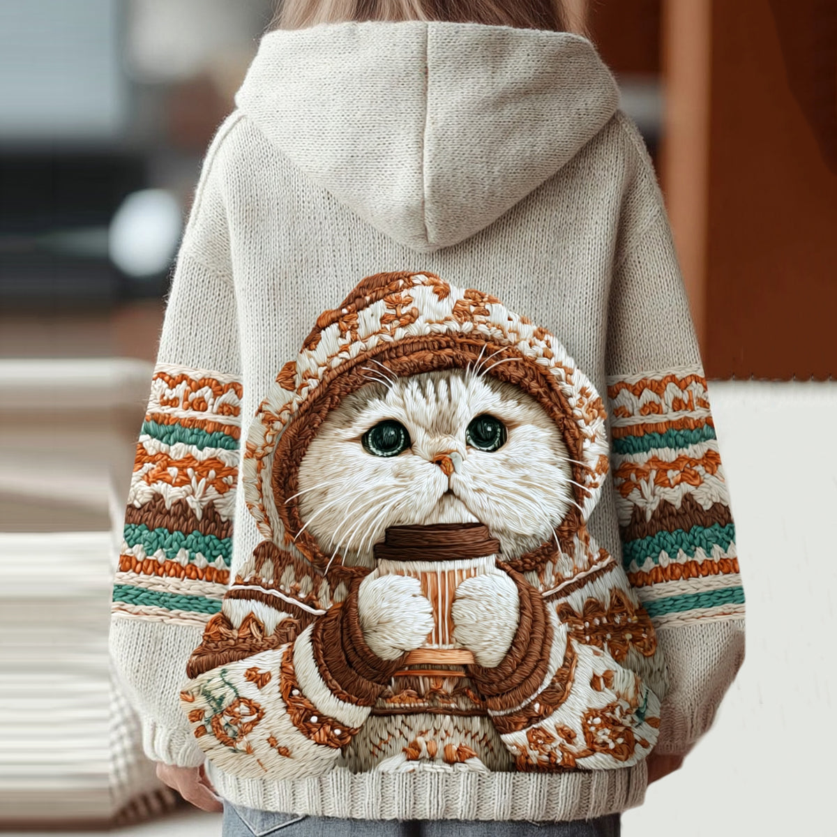 Women's Cute Winter Cat Art Knitted Warm Zipped Hooded Sweater elevenforest