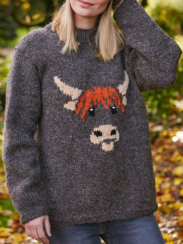 Highland Cow Pattern Cozy Knit Sweater artswardrobe