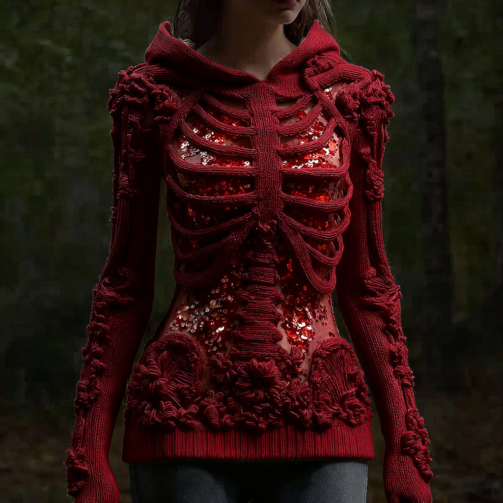 Comstylish Halloween Skull Floral Knitted Warm Hooded Sweater