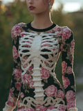Women's Vintage Halloween Skeleton Bones With Rose Art Cozy Knit Mini Sweater Dress artswardrobe