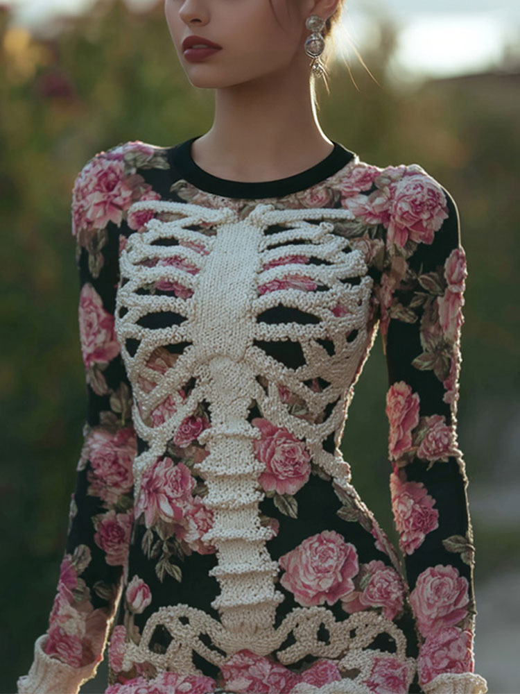 Comstylish Women's Vintage Halloween Skeleton Bones With Rose Art Cozy Knit Mini Sweater Dress