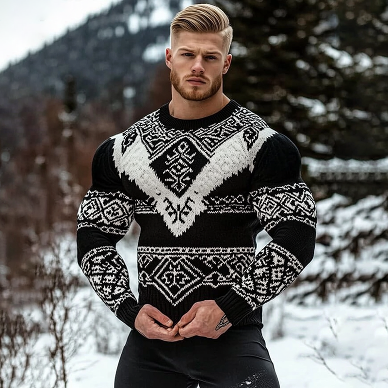 Men's Viking Tribal Geometry Jacquard Celtic Knit Hooded Sweater artswardrobe