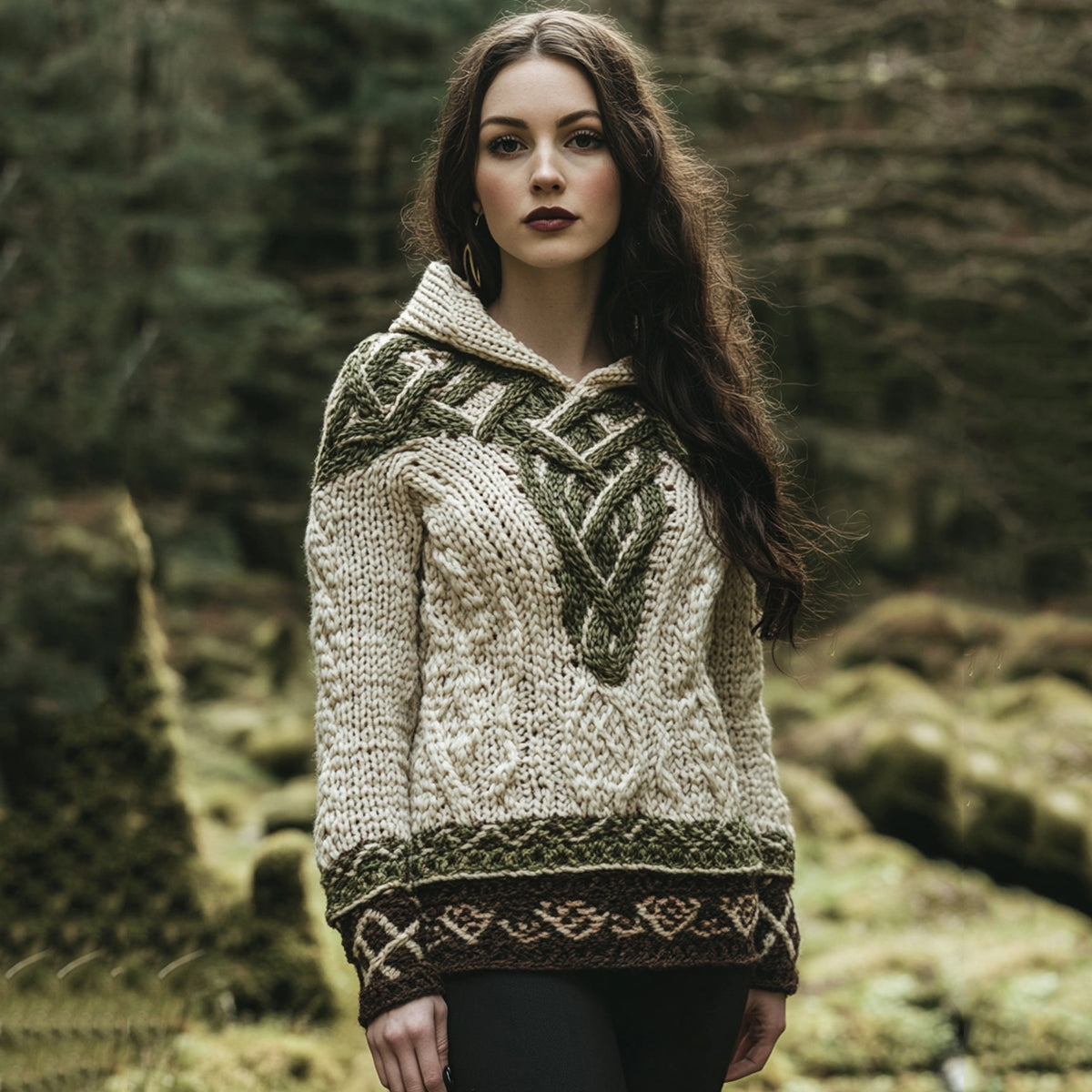 Women's Celtic Knot Jacquard Contrast Hooded Sweater elevenforest