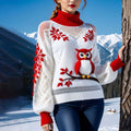Christmas Leaf And Owl Print Turtleneck Sweater