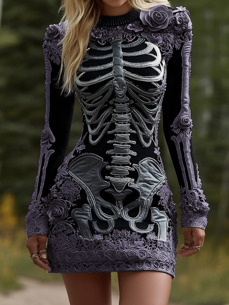Comstylish Women's Halloween Skeleton Bones Leather With Rose Pattern Art Hot Sexy Style Cozy Knit Mini Sweater Dress
