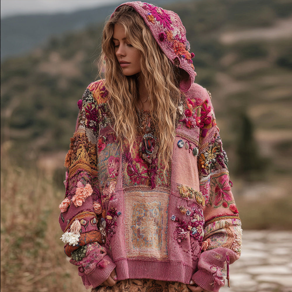 Comstylish Bohemian Style Three-dimensional Flower Embroidery Pink Patchwork Hooded Long-sleeved Sweater