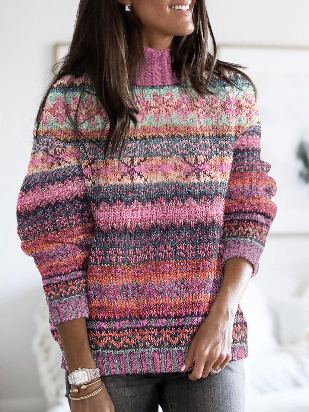Retro Ethnic Pattern Turtleneck Sweater elevenforest