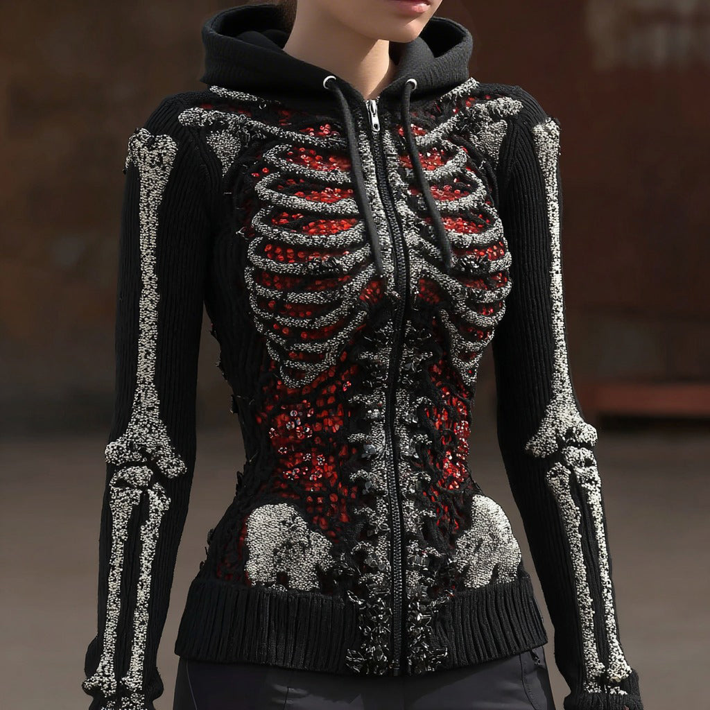 Women's Vintage Halloween Skull Sequin Art Knit Zipper Sweater artswardrobe