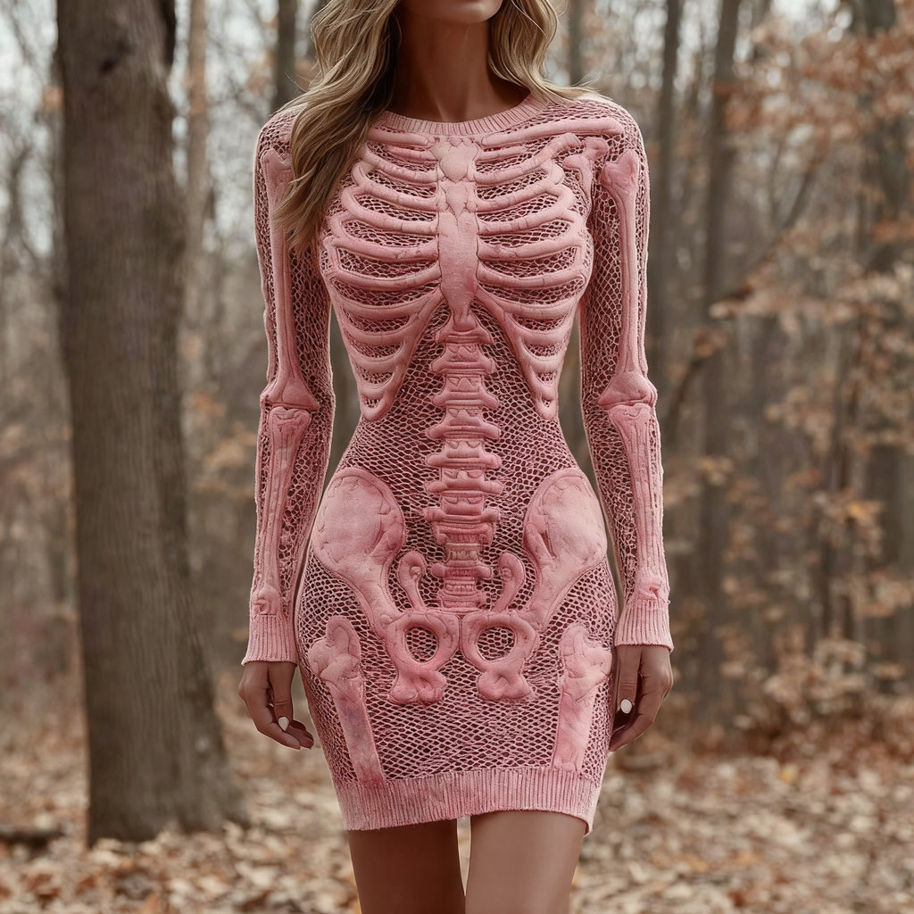 Women's Vintage Halloween Skeleton Bones Comfortable Elegant Sweater Dress artswardrobe