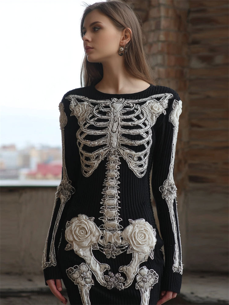 Comstylish Classy White Roses Skeleton Anatomy Cozy Knit Sweater Mini Dress