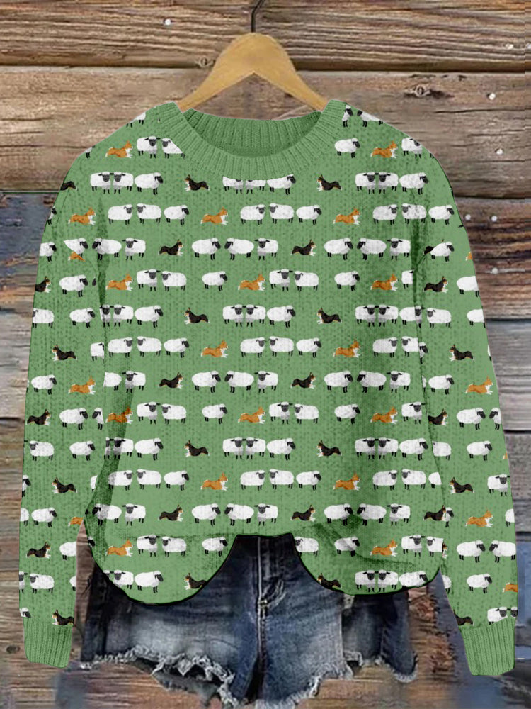 Comstylish Corgis Herding Sheep Pattern Cozy Knit Sweater