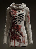 Comstylish Halloween Skull Floral Knitted Warm Hooded Sweater