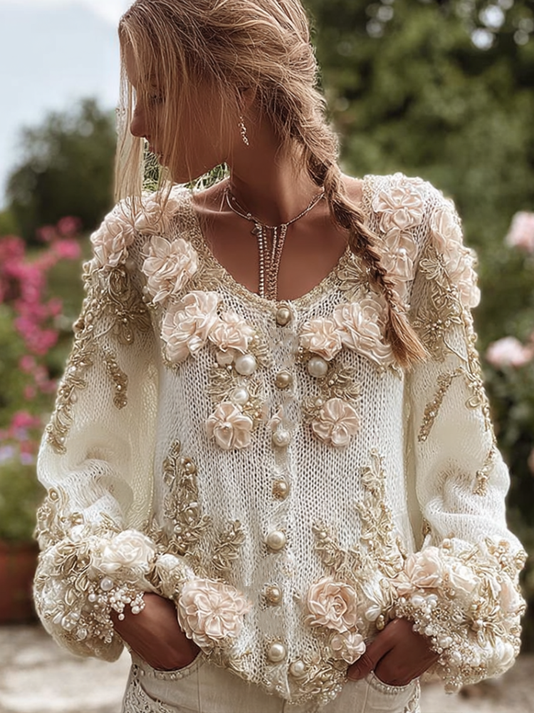 Bohemian Style 3d Pink Flower Knitted Pattern Women's V-neck Long-sleeve Knitted Sweater Jacket artswardrobe