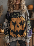 Halloween Pumpkin Face And Plant Flower Pattern Design Women's Round Neck Knit Sweater elevenforest