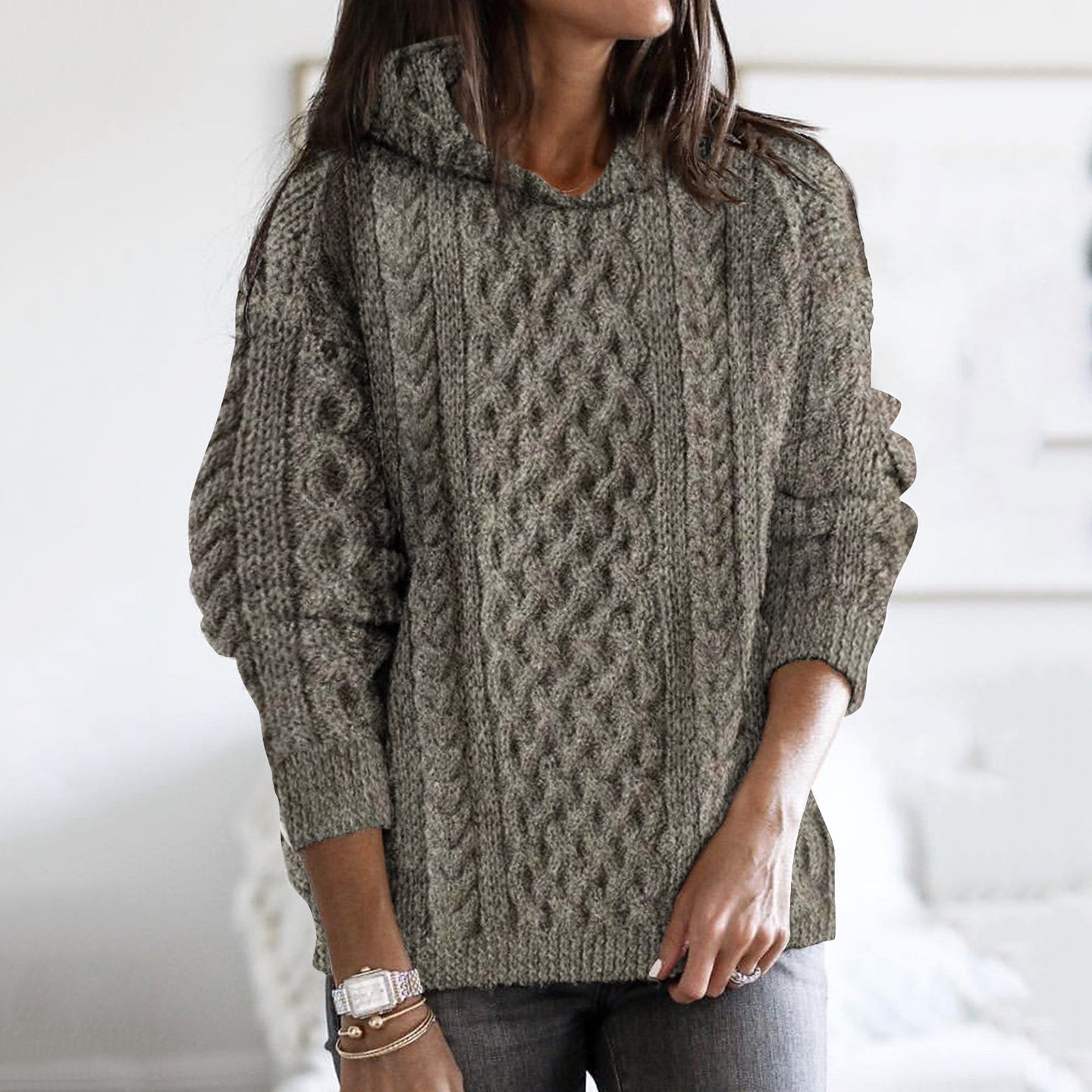 Women's Thick Knit Clan Linen Hooded Aran Sweater elevenforest