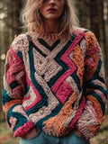 Women's Retro Geometric Line Embroidered Sweater
