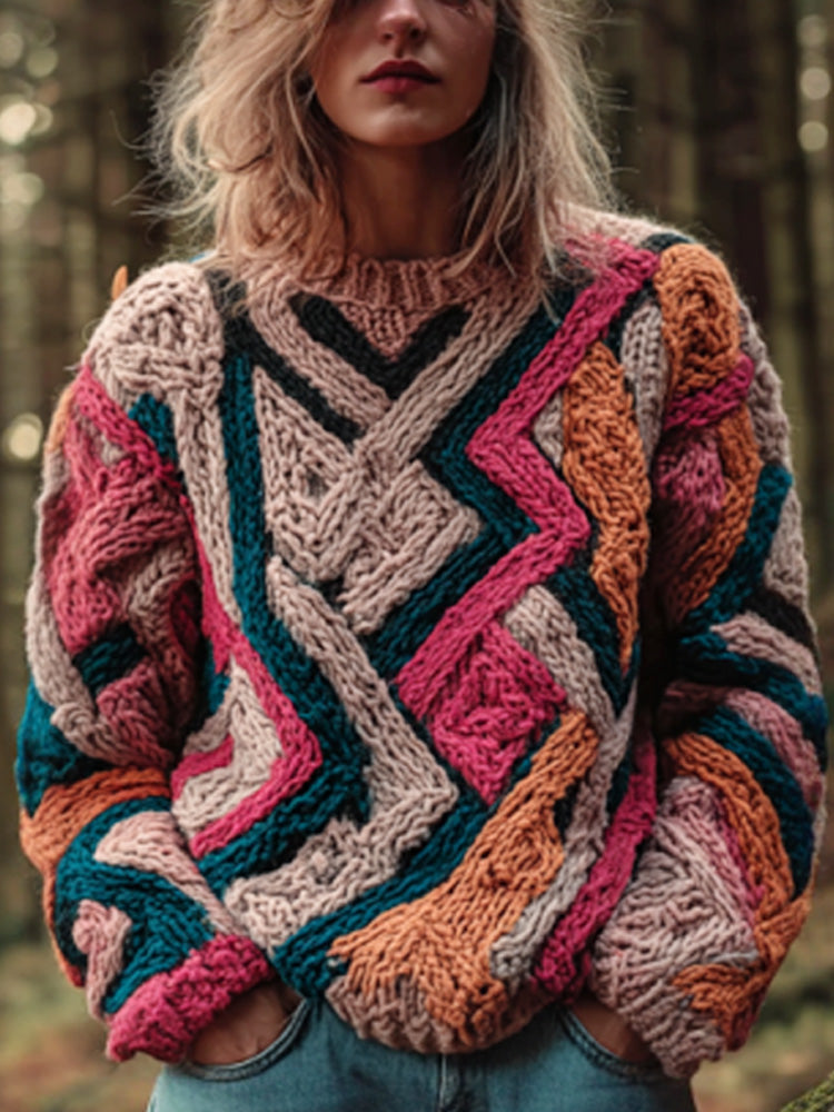 Women's Retro Geometric Line Embroidered Sweater