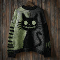 Halloween Black Cat Stitched Contrast Stitched Cozy Knit Sweater elevenforest