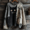 Halloween Black Cat Spooky Face Contrast Stitched Cozy Knit Sweater artswardrobe