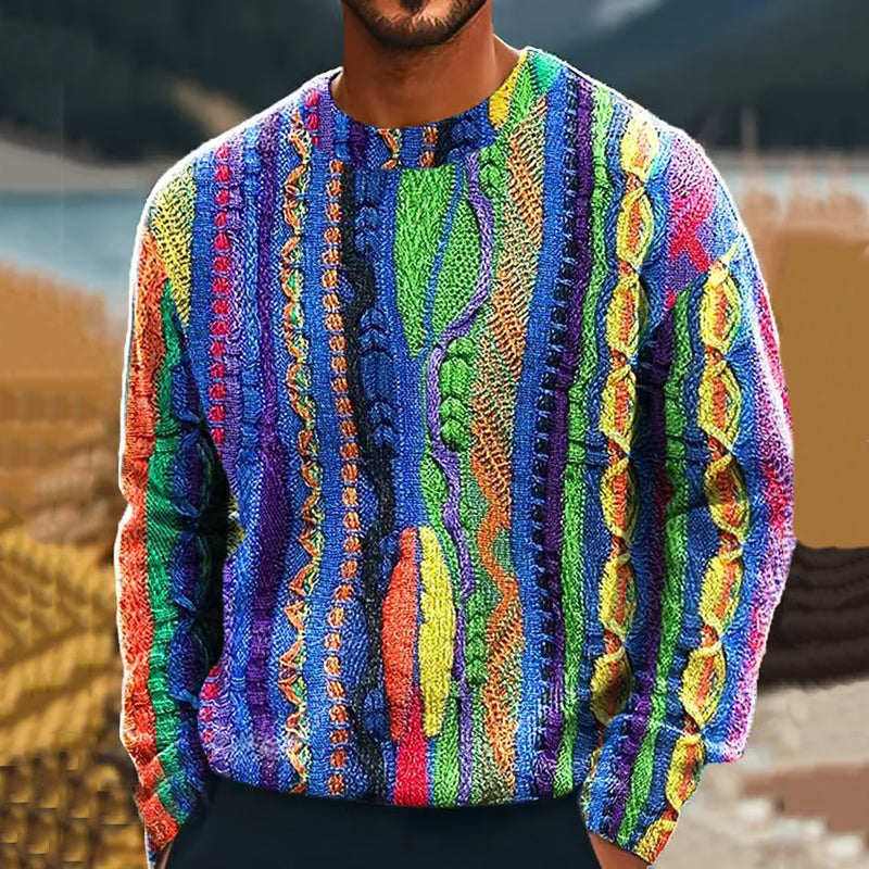 Men'S Retro Abstract Gradient Art Print Crew Neck Knit Sweater artswardrobe