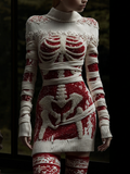 Women's Halloween Line Art Bandage Design Round Neck Knit Sweater Dress artswardrobe