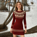 Women's Vintage Christmas Snowflakes Patchwork Art Cozy Knit Mini Sweater Dress artswardrobe
