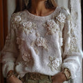 Classy White Roses Pearls Beaded Cozy Knit Sweater artswardrobe