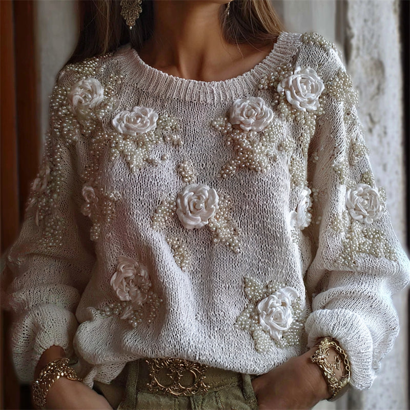 Classy White Roses Pearls Beaded Cozy Knit Sweater artswardrobe