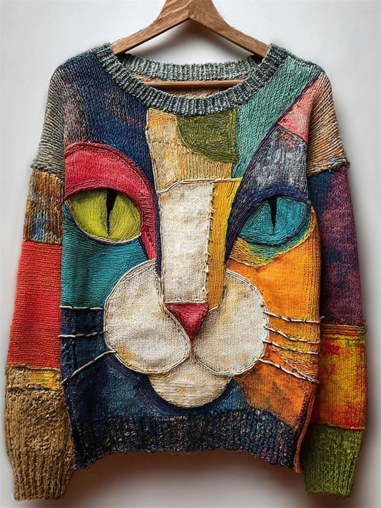 Cat Face Inspired Colorblock Art Cozy Knit Sweater