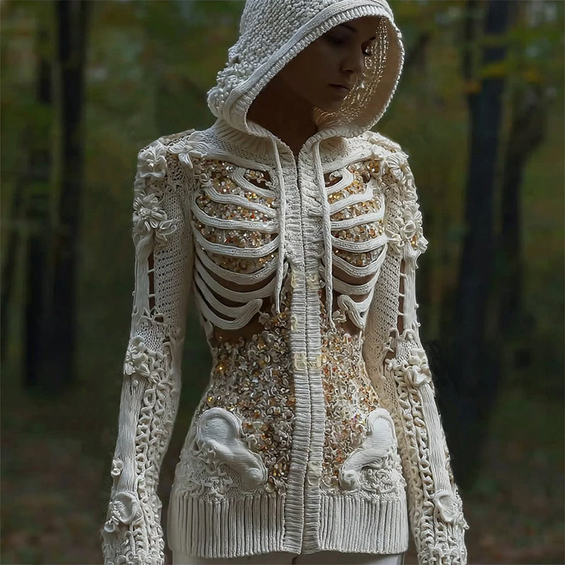 Comstylish Halloween Skull Sequin Art Knit Zipper Hooded Sweater
