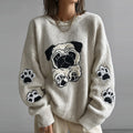 Lovely Cute Pug And Paws Embroidery Art Loose Cozy Knit Sweater artswardrobe