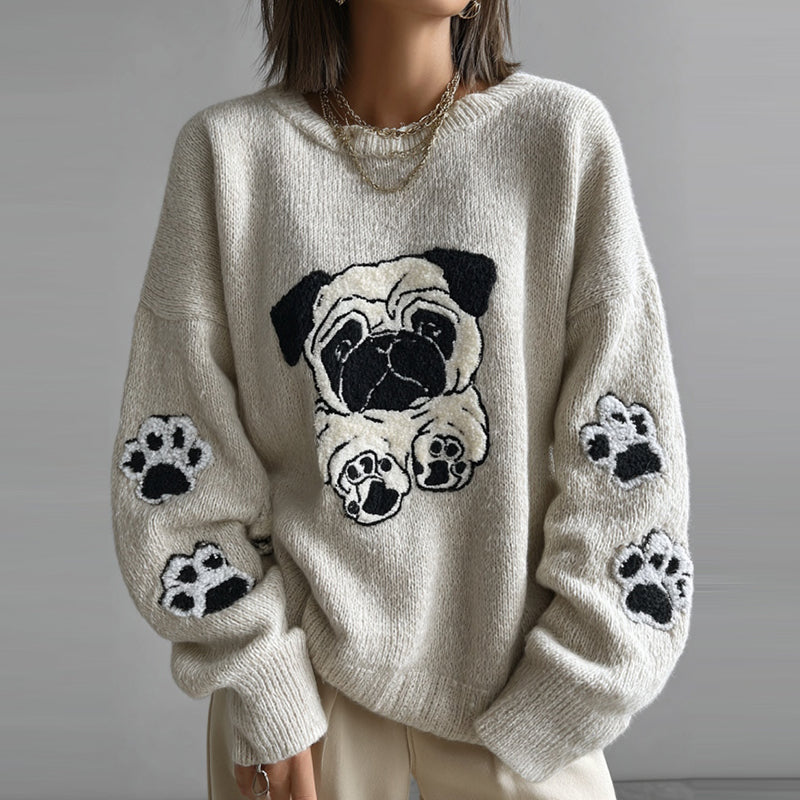 Comstylish Lovely Cute Pug And Paws Embroidery Art Loose Cozy Knit Sweater