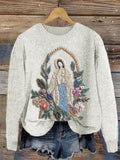Comstylish Christian Our Lady Floral Embroidered Cozy Knit Sweater
