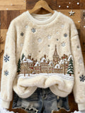 Christmas Snow Scene Embroidery Women's Cozy Plush Sweater