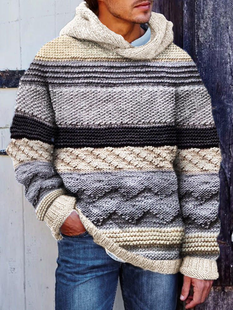 Men's Retro Colorblock Jacquard Patchwork Cozy Hooded Sweater elevenforest