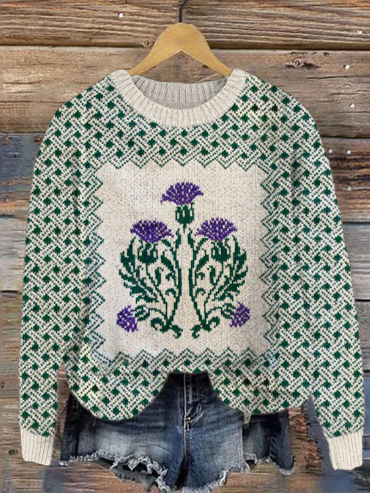 Vintage Scottish Thistle Floral Women's Knit Sweater artswardrobe