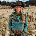 Women's Vintage Western Geometric Art Print Knit Turtleneck Sweater artswardrobe