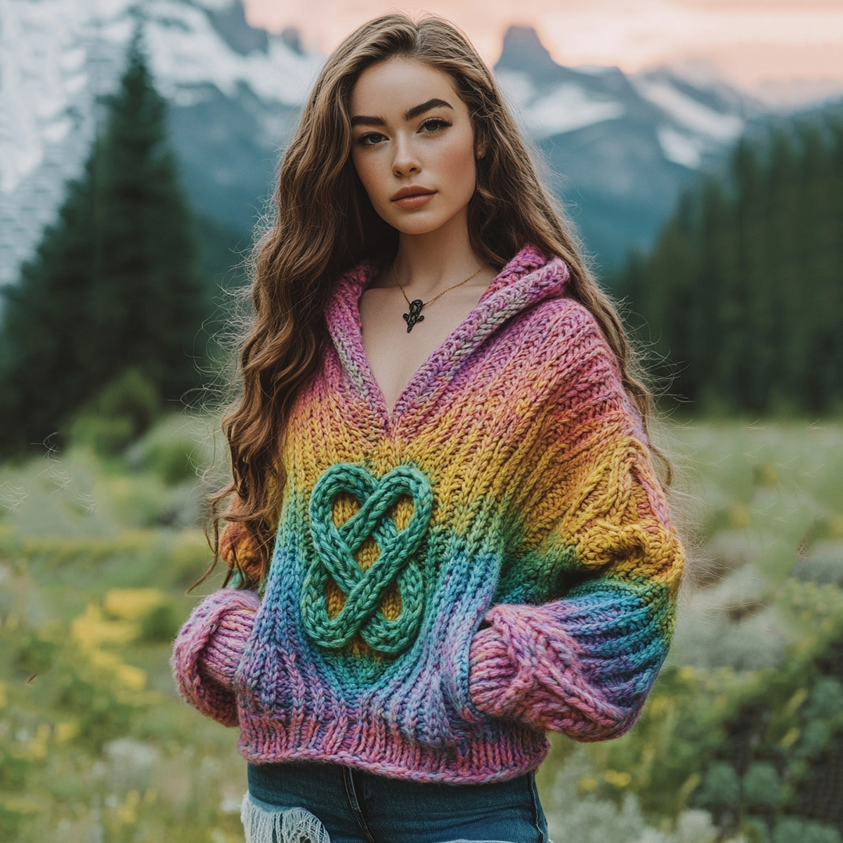 Women's Irish Rainbow Pattern Jacquard Pocket Cozy Hooded Sweater artswardrobe