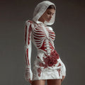 Comstylish Women's Vintage Skeleton Roses Art Knit Hooded Mini Sweater Dress