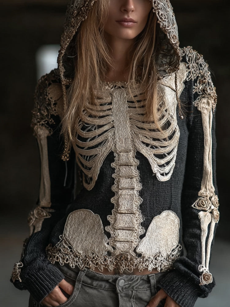 Comstylish Women's Halloween Skeleton Rose Retro Dark Hooded Sweater