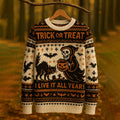 Women's Retro Cat Death Bat Fair Isle Style Halloween Print Sweater artswardrobe