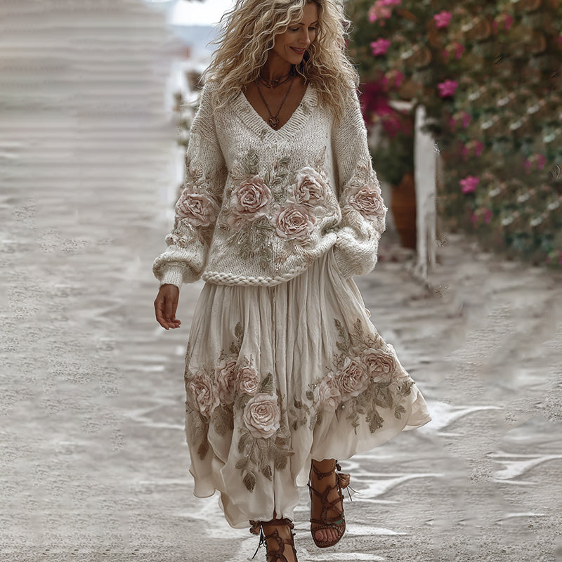 Classic Rose Art Cozy Knit V Neck Sweater And Linen Skirt Two-piece Set artswardrobe