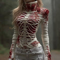 Women's Red Rose Skeleton Art Cozy Knit Turtleneck Sweater artswardrobe