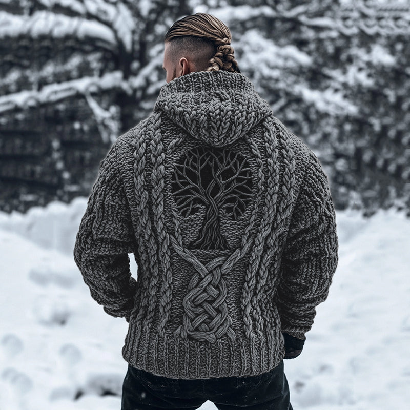 Men's Viking Tribal Tree Of Life Celtic Chunky Knit Hooded Sweater artswardrobe