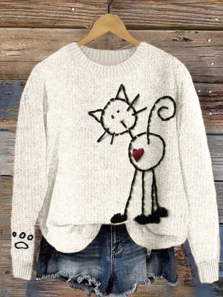 Cute Cat Embroidery Pattern Cozy Knit Sweater elevenforest