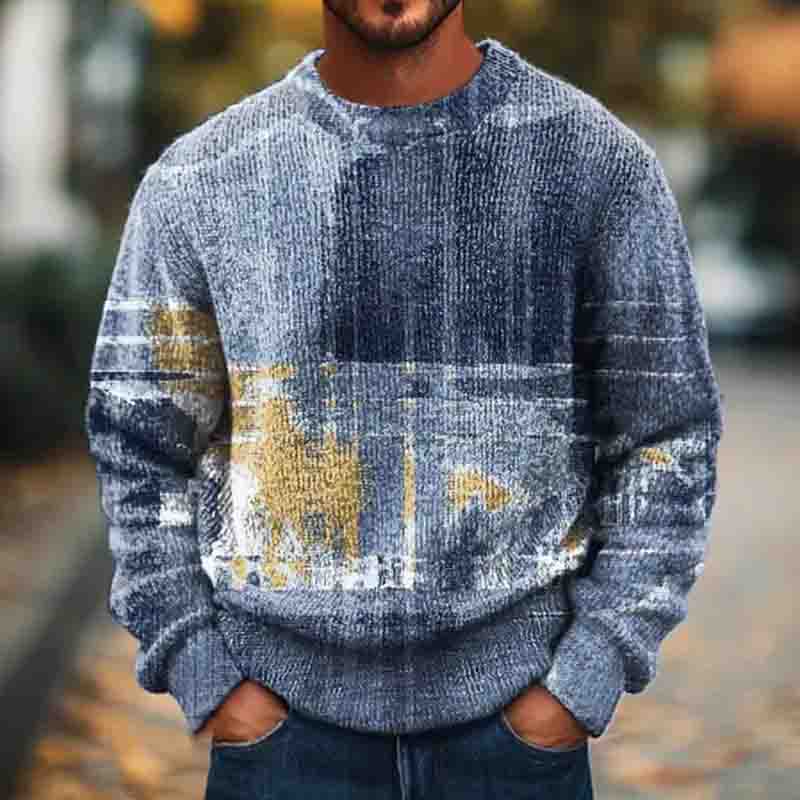 Men's Gradient Color Abstract Art Print Knitted Crew Neck Sweater artswardrobe
