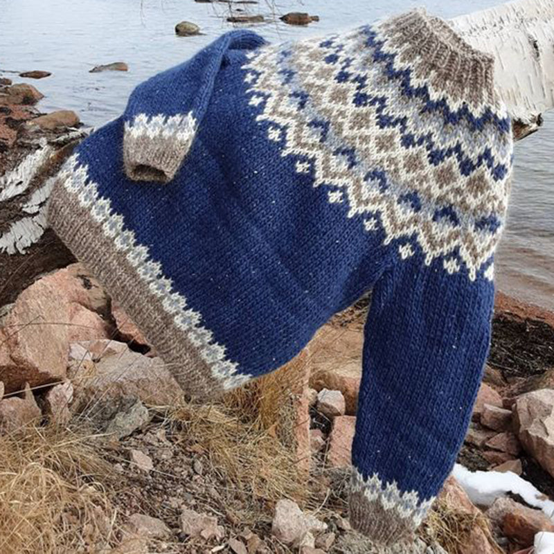Vintage Homeknitted Warmth Knit Jacquard Icelandic Crew Neck Sweater（Unisex ） elevenforest