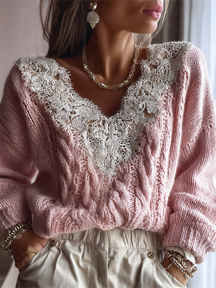 Vintage Lace Patchwork V Neck Cozy Cable Knit Sweater artswardrobe