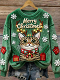 Merry Christmas Cat Art Women's Cozy Plush Sweater